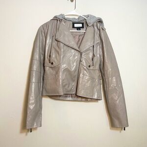JouJou Faux Leather Tan with Grey Hood Jacket Zipper Front Size Small